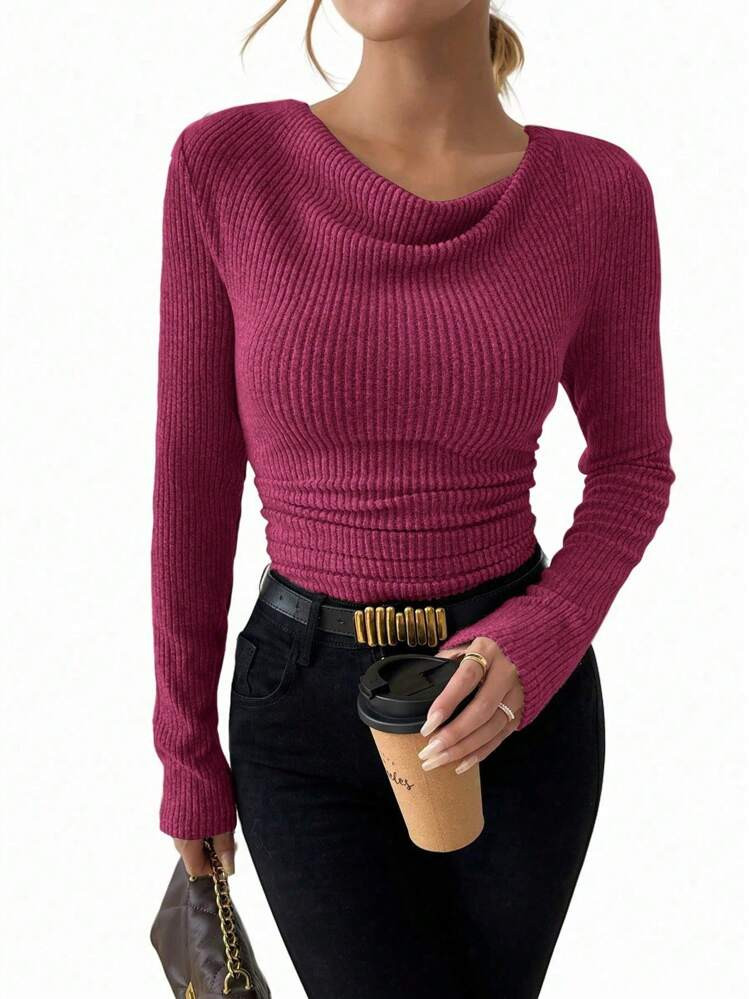 SHEIN Raffinéa Vintage Asymmetrical Draped Neck Crinkled Textured Fitted Long Sleeve T-Shirt | SHEIN