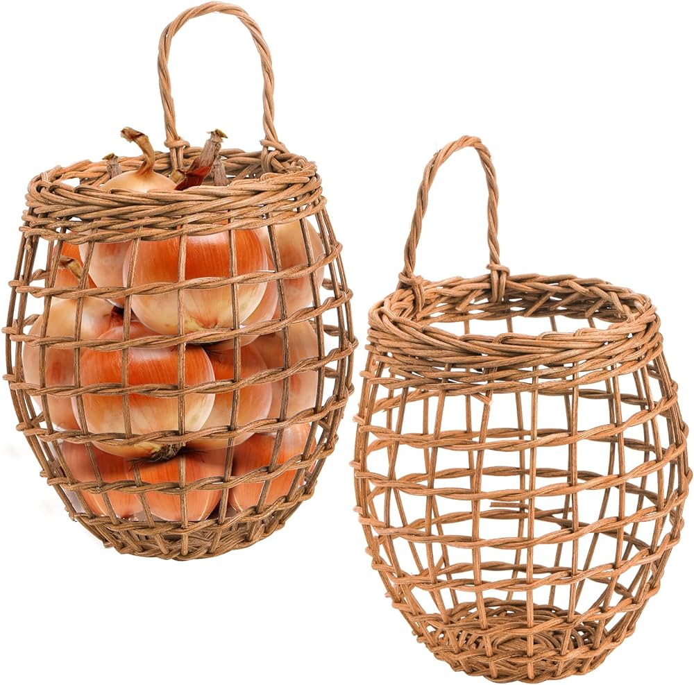 Elsjoy Set of 2 Hanging Onion Basket, Wall Mount Wicker Baskets for Storage Kitchen Woven Rattan ... | Amazon (US)