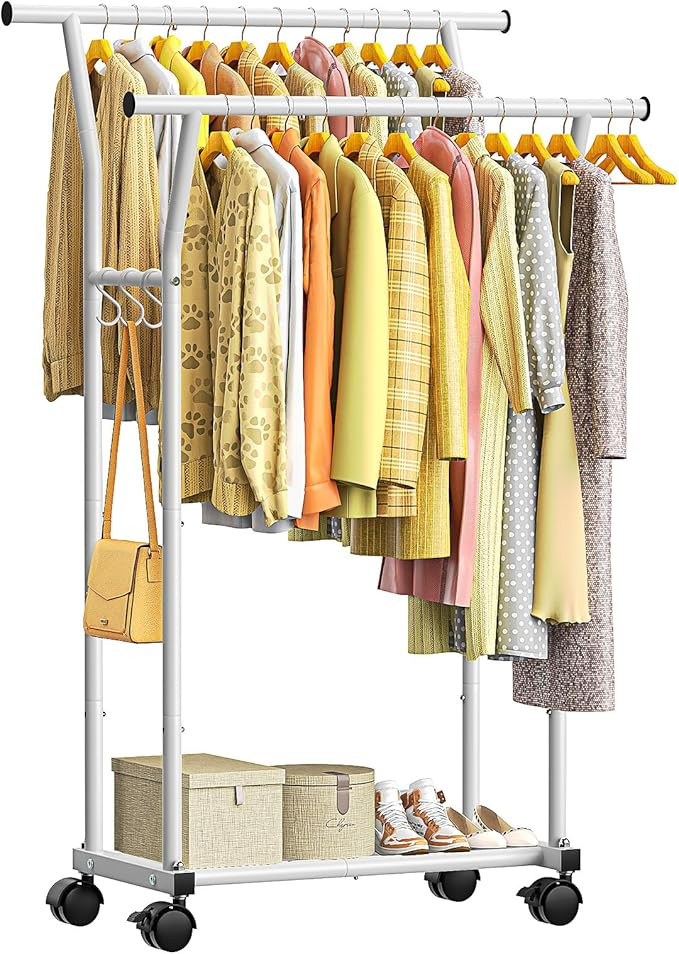 Luxspire Double Rods Clothes Rack for Hanging Clothes, Rolling Clothing Rack with Side Hooks, Bot... | Amazon (US)