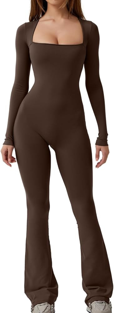 QINSEN Long Sleeve Jumpsuits for Women Square Neck Wide Leg Full Length Romper Playsuit | Amazon (US)