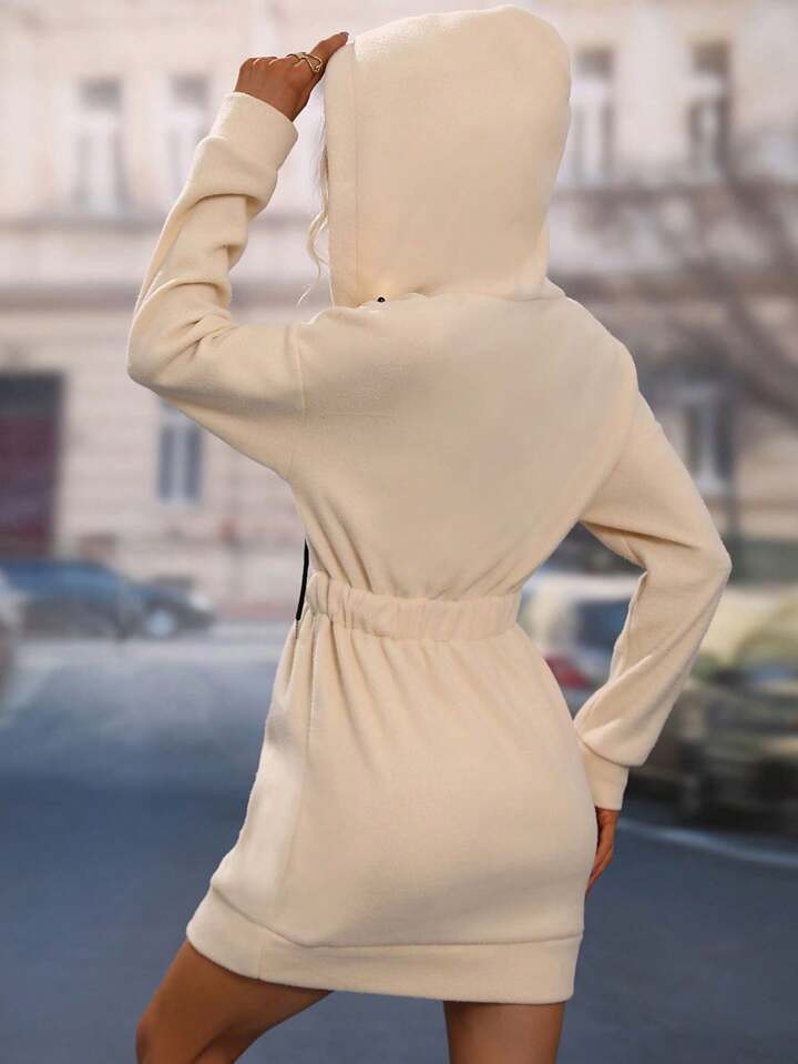 SHEIN LUNE Pearls Beaded Drop Shoulder Kangaroo Pocket Drawstring Hoodie Dress | SHEIN