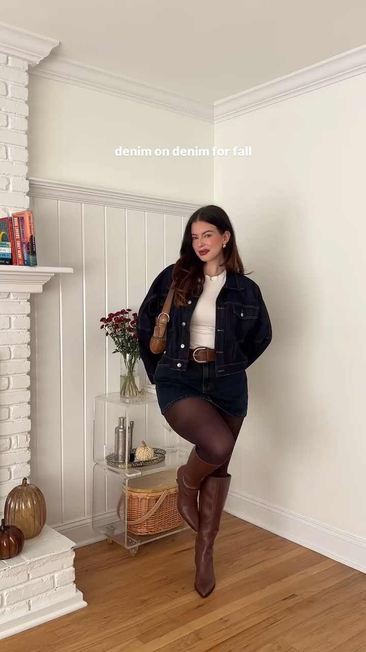 Dark denim + chocolate brown is my fav combo for fall 🤎
-Use ANNALISE15 for 15% off tights 
-sized up half a size in boots
-linked the skirt that exactly matches the jacket from Princess Polly. I’m wearing a dark wash skirt from Glassons in this video which I recommend if you want a thicker denim skirt that’s more versatile! 