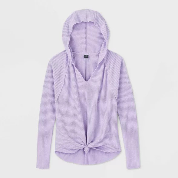 Women's Long Sleeve Tie Front Hooded Waffle Knit T-Shirt - Wild Fable™ (Regular & Plus) | Target