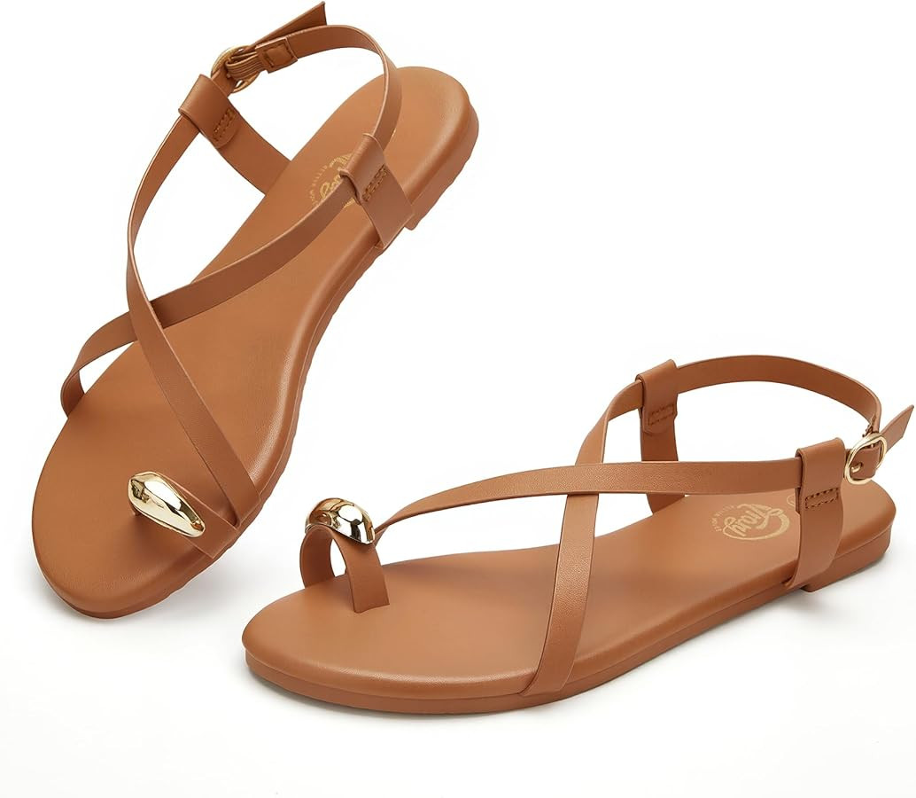 Trary Women's Flat Sandals with Adjustable Buckle, Cross Strap Strappy Sandals Summer Casual Comf... | Amazon (US)