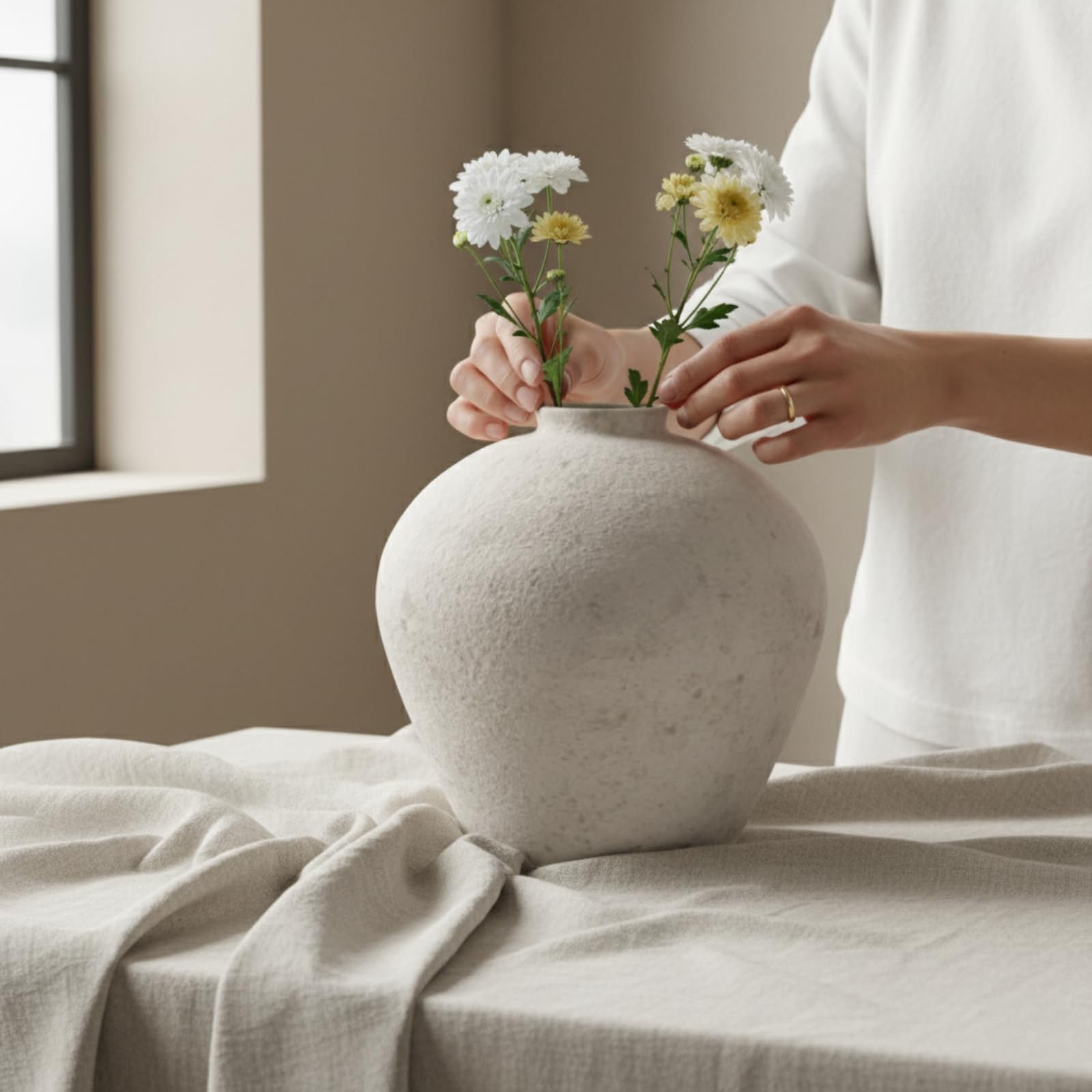 Handemade Large Round Vase for Centerpieces, White Rustic Vase Farmhouse Decor, Distressed Textur... | Amazon (US)