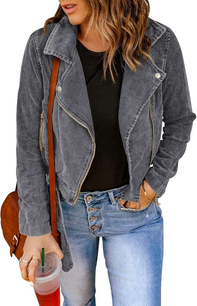 Dokotoo Womens 2022 Winter Fall Zip Up Corduroy Short Jackets Coats with Belt | Amazon (US)