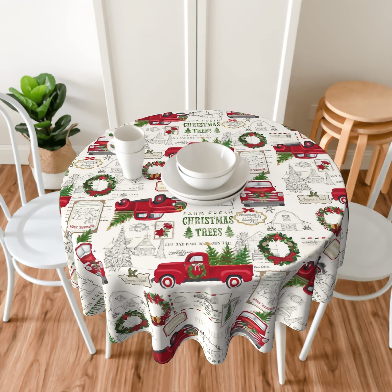 Kawani Christmas Round Tablecloth 60 Inch Red Truck Table Cloth Christmas Tree Vintage Polyester ... | Amazon (US)
