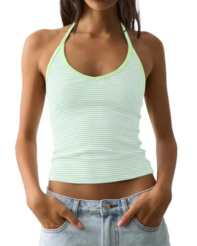 Cioatin Women Sleeveless Striped Colorblock V Neck Crop Cami Tank Y2K Aesthetic Tie Up Halter Bac... | Amazon (US)