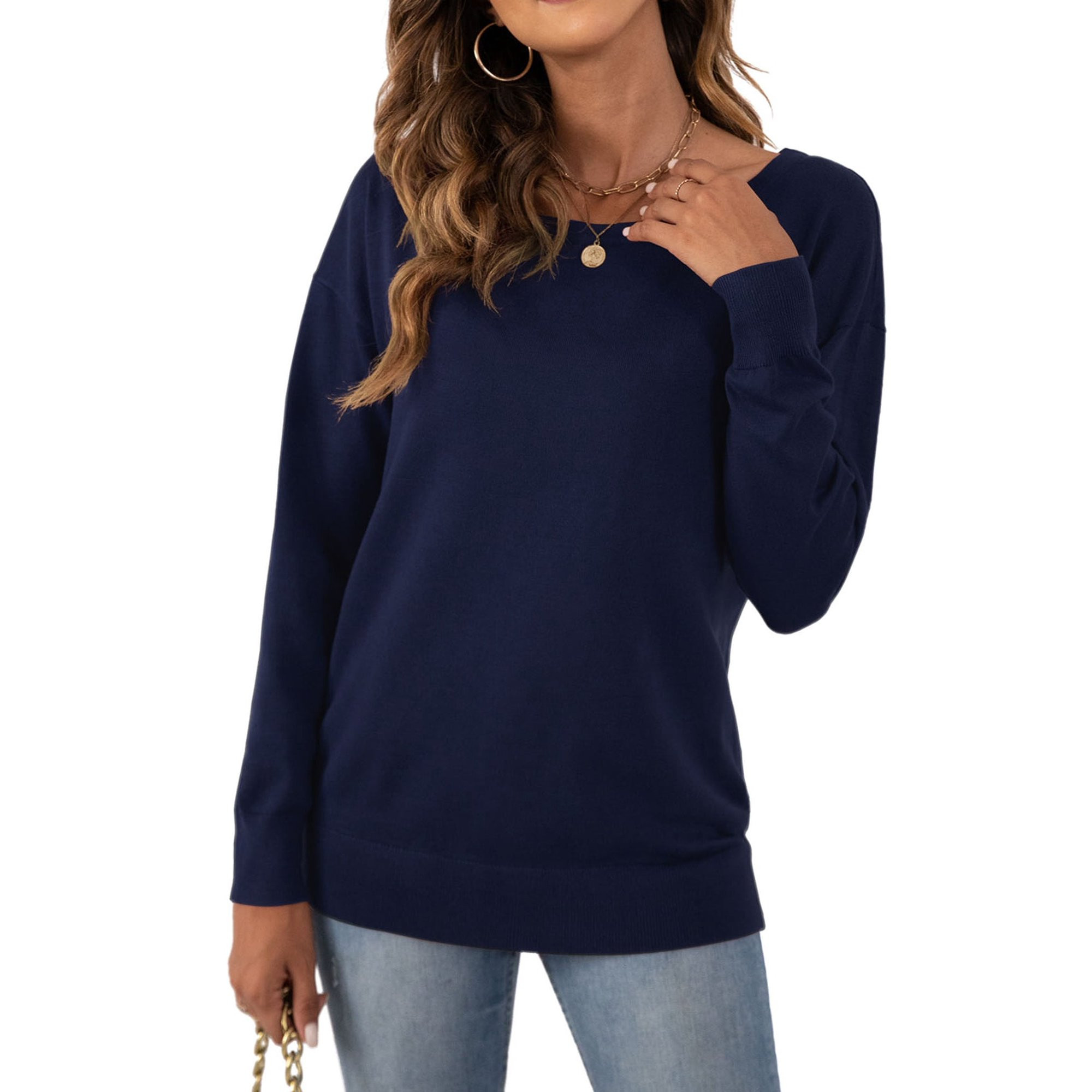 Asklazy Women's Long Sleeve Crew Neck Knitted Pullover Sweater,Navy Blue,L | Walmart (US)