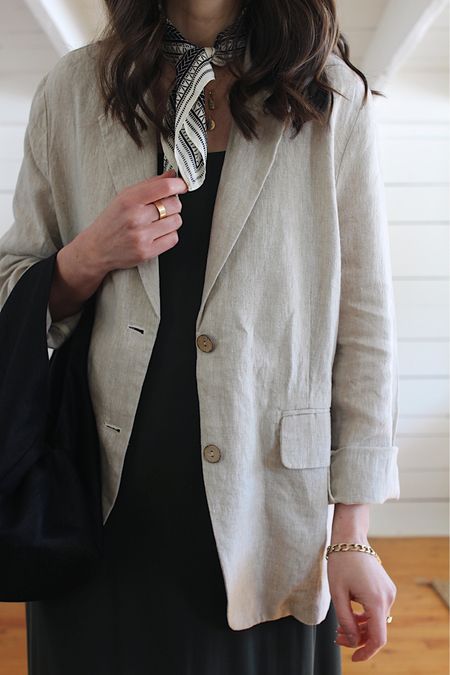 Relaxed Linen Blazer 3 Ways - Look 2 Details 

Linen Blazer - TTS - I sized up to M for more room - STYLEBEE20 for 20% Off (via link on blog)

Silk Slip - TTS

Bag is Hackwith Design House - Linked on blog 

Silk Scarf is old, similar linked

#easteroutfit #springoutfit #holidayoutfit

#LTKSale #LTKSeasonal