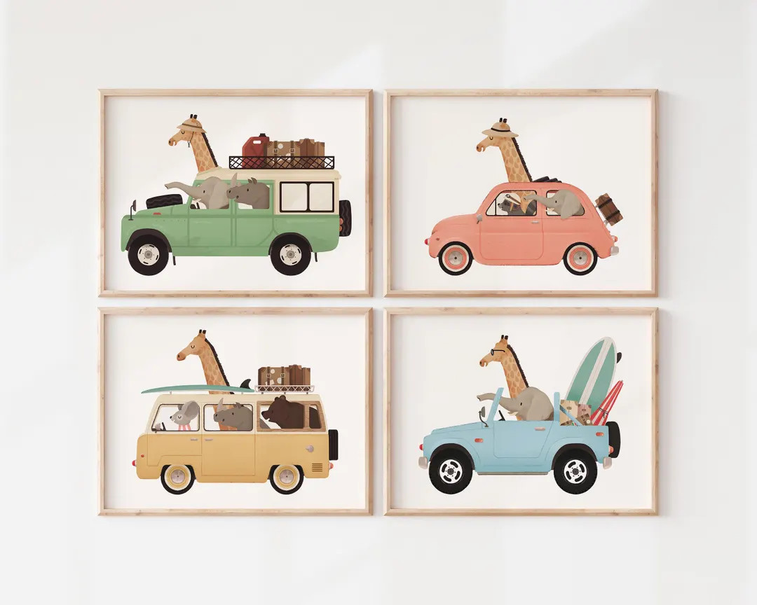 Nursery Wall Prints Set of 4 – Woodland Safari Animals Driving Cars, Kids Room Decor | Etsy (US)