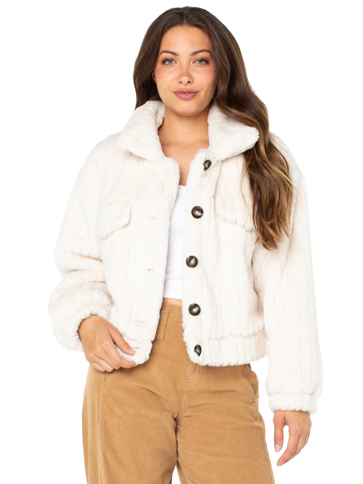 Celebrity Pink Women's and Women's Plus Faux Fur Button-up Jacket, Sizes XS-3X | Walmart (US)