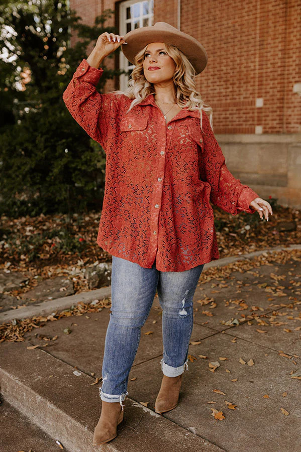 Along The Drive Lace Button Up In Rust Curves | Impressions Online Boutique