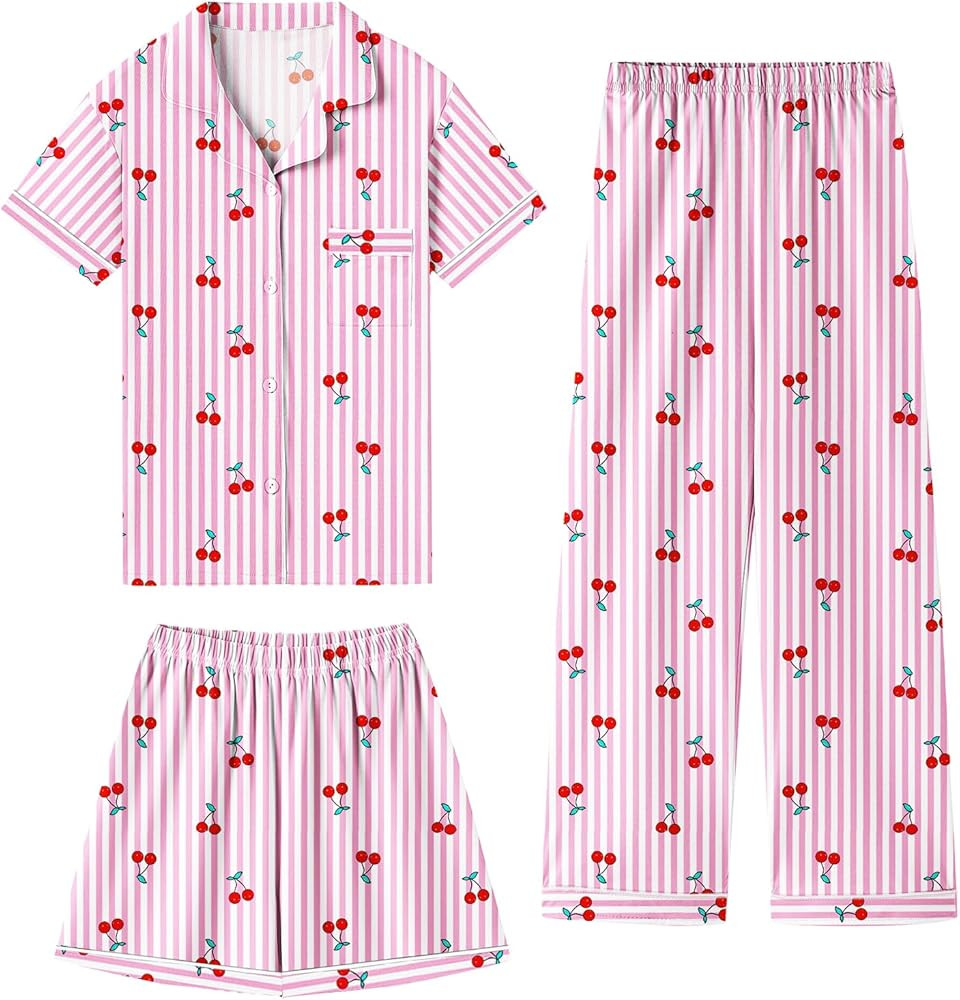 QZH.DUAO Girls 100% Cotton 3pcs Pajama Sets Button Down Short Sleeve Long Pants With Shorts Sleep... | Amazon (US)