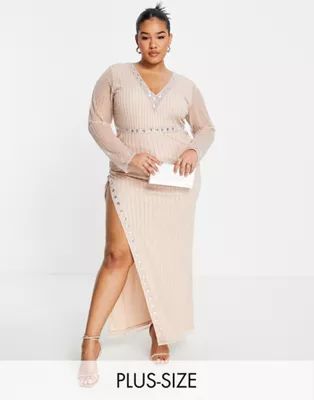 Starlet Plus exclusive embellished thigh split midaxi dress in champagne | ASOS (Global)