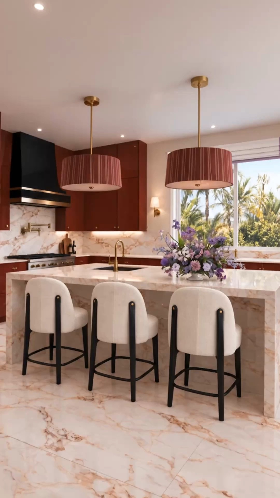 Refresh your kitchen island for the gathering season with a look that feels bold, modern, chic, and sophisticated. I love using a rich cabinet color to give the kitchen more personality—it makes the space feel warm and inviting while still keeping the overall design clean and polished.

Pendant lighting is one of my favorite ways to give a kitchen island its own personality. Whether it’s through pattern, texture, or a punch of color, the right pendant can completely change the mood of the space. These striped pendants bring just enough color and pattern while still feeling refined and modern.

I especially love the Arhaus Bottoni counter stools. The streamlined silhouette feels chic and sculptural, while the softly upholstered seat and curved back bring comfort and softness against the marble and stronger architectural finishes. The subtle brass detail and sculptural dark base give the stool a polished, tailored look without feeling heavy.

The marble-look porcelain flooring ties the kitchen together, along with the tailored Roman shade, kitchen faucet, bar sink and bar faucet, pot filler, range, warm metallic hardware, and flower arrangement on the island. It’s a mix of practical kitchen essentials and a few statement pieces that makes the space feel ready for entertaining.

#KitchenDesign #KitchenIsland #KitchenIslandDesign #KitchenInspiration #KitchenDecor #PendantLighting #KitchenPendant #CounterStool #BarStool #BottoniStool #RomanShade #KitchenFaucet #BarSink #BarFaucet #PotFiller #KitchenRange #PorcelainTile #MarbleLookTile #FlowerArrangement #GatheringSeason #EntertainingAtHome #ModernKitchen #InteriorDesign #HomeDecor

#LTKHome #LTKSeasonal #LTKHome #LTKSaleAlert