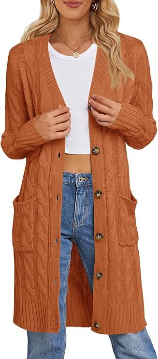 MEROKEETY Women's 2023 Long Sleeve Cable Knit Long Cardigan Open Front Button Sweater Outerwear | Amazon (US)