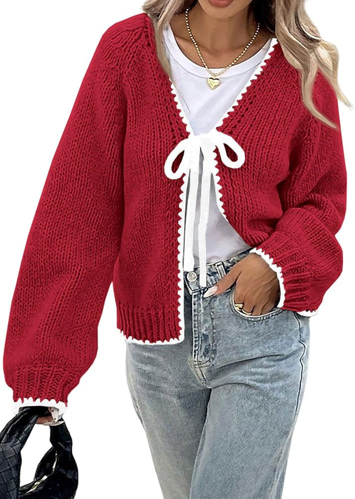 ZAFUL Women's Long Sleeve Cardigan Cute Tie Front V Neck Bow Puff Fall Winter Loose Knit Trendy C... | Amazon (US)