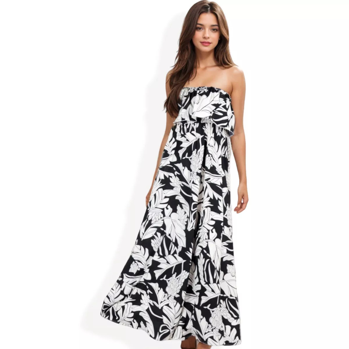 Anna-Kaci Women's Tube Ruffle Detail Layered Floral Print Flared Maxi Dress | Target