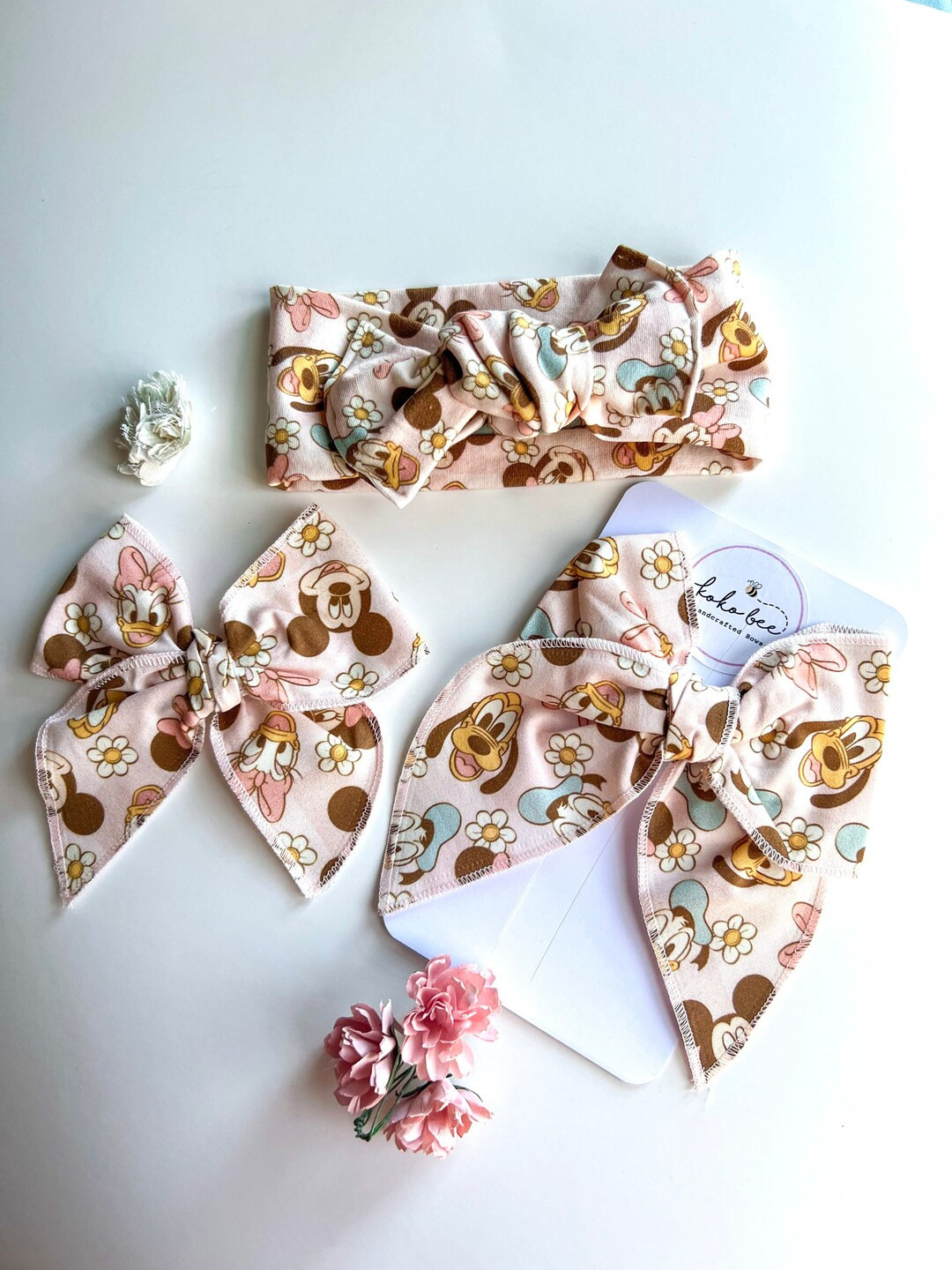 Pink Flower Mickey & Friends Headwraps and Brynn Style Bows (long tail) Disney/Toddler/Baby Girl/... | Etsy (US)