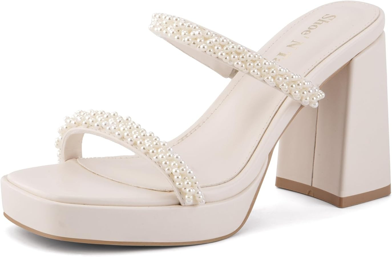 Shoe'N Tale Women's Strappy Pearl Heels Chunky Heels Block Platform Heeled Sandals Square Toe Sli... | Amazon (US)