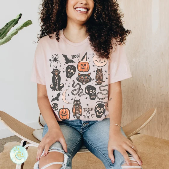 Halloween Vintage Halloween Doodles Shirt Fall Apparel Witchy - Etsy | Etsy (US)