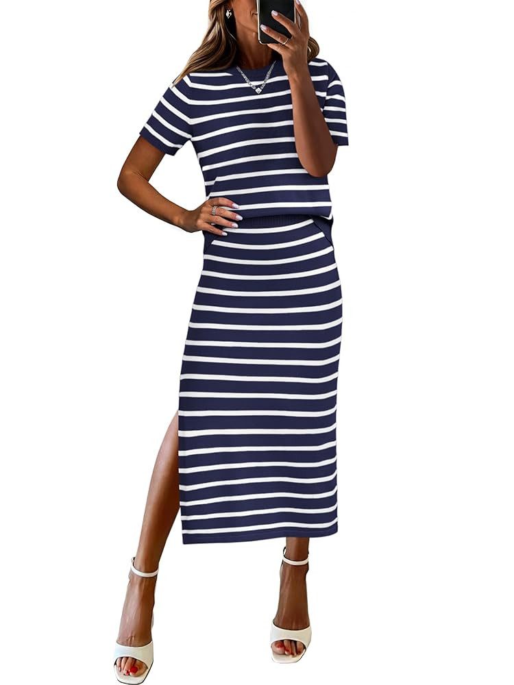 ANRABESS Womens 2 Piece Outfits Striped Sweater Skirt Sets 2025 Summer Casual Short Sleeve Pullov... | Amazon (US)