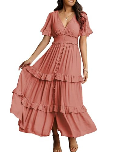 Amegoya Women's Summer Boho Tiered Maxi Dress V Neck Smocked Hight Waist Long Flowy Dress (Rust Pink L) | Amazon (US)