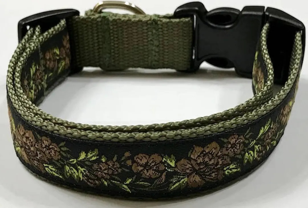Dog Collar: Flowers Roses 11 Brown Olive Jacquard Ribbon Designer Adjustable Dog Collarpet Supply... | Etsy (US)