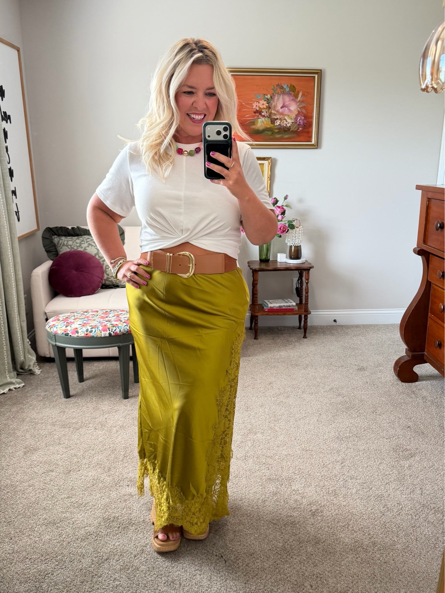 This satin & lace $30 Amazon maxi skirt when viral for a reason! I am wearing my true size large & I styled it 5 ways in a past post so if you want to see the rest of those, just scroll back! But in this pic, I am wearing the best basic tee (so good, I have it in 5 colors) sized down to a medium in it. This wide belt is elastic in the back so it moves with you & isn't uncomfortable to wear! Paired it all with the $12 chunky necklace I wear with everything. All AMAZON!!!

#LTKOver40 #LTKMidsize #LTKPetite