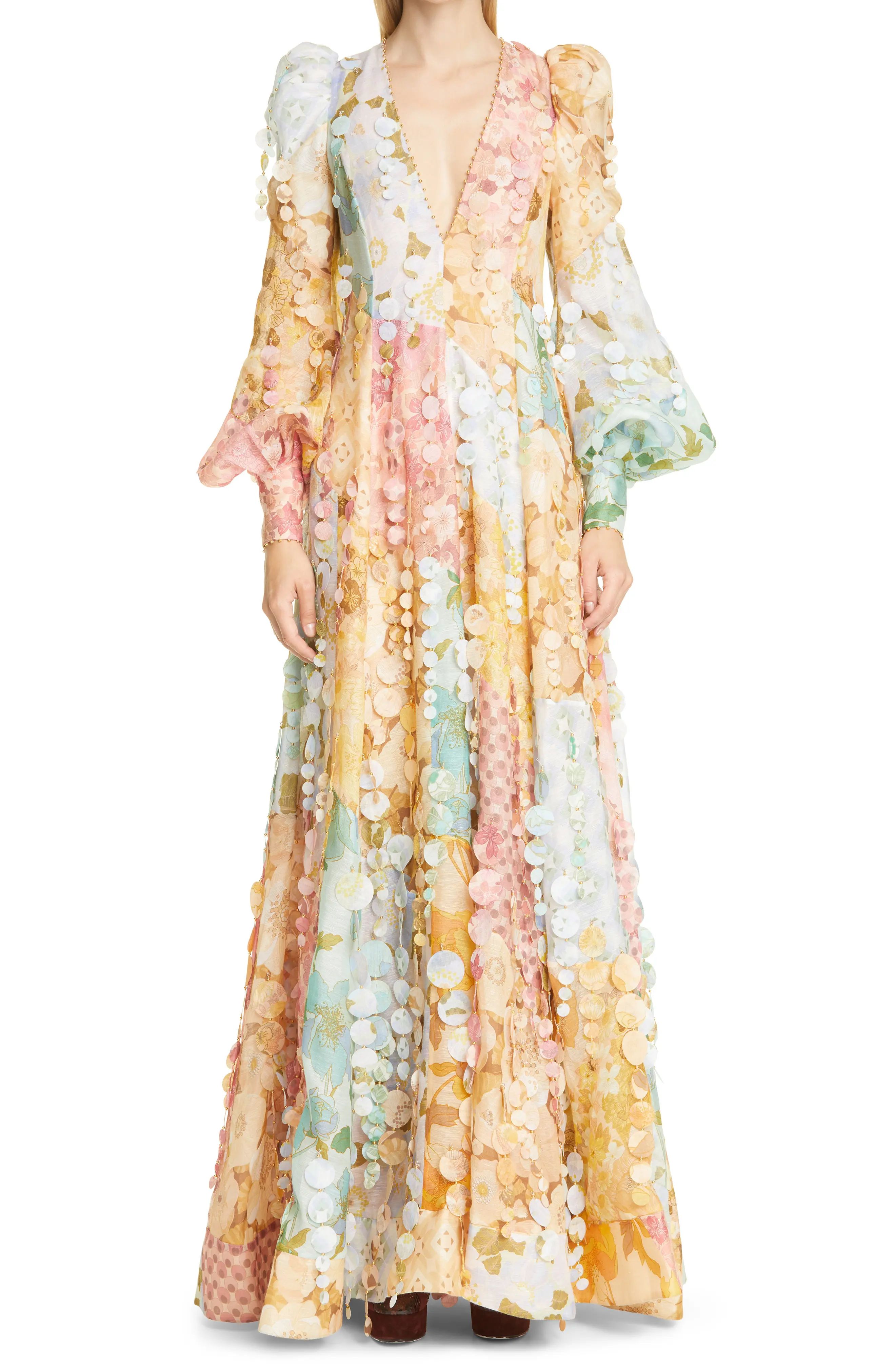 Zimmermann Tempo Patch Long Sleeve Linen & Silk Gown, Size 0 in Mixed Print at Nordstrom | Nordstrom