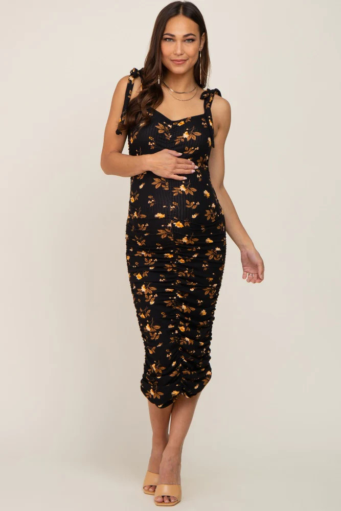 Black Floral Ruched Shoulder Tie Maternity Midi Dress | PinkBlush Maternity