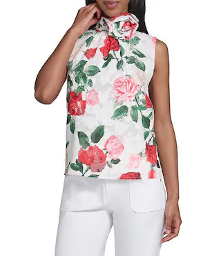 KARL LAGERFELD PARIS Woven Chiffon Print Mock Neck Sleeveless Rosette Clip Tank Shirt | Dillard's | Dillard's