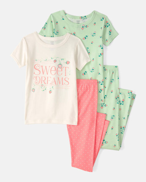 Girls Strawberry 100% Cotton Snug Fit 4-Piece Pajama Set - Green/Pink | Carter's Inc