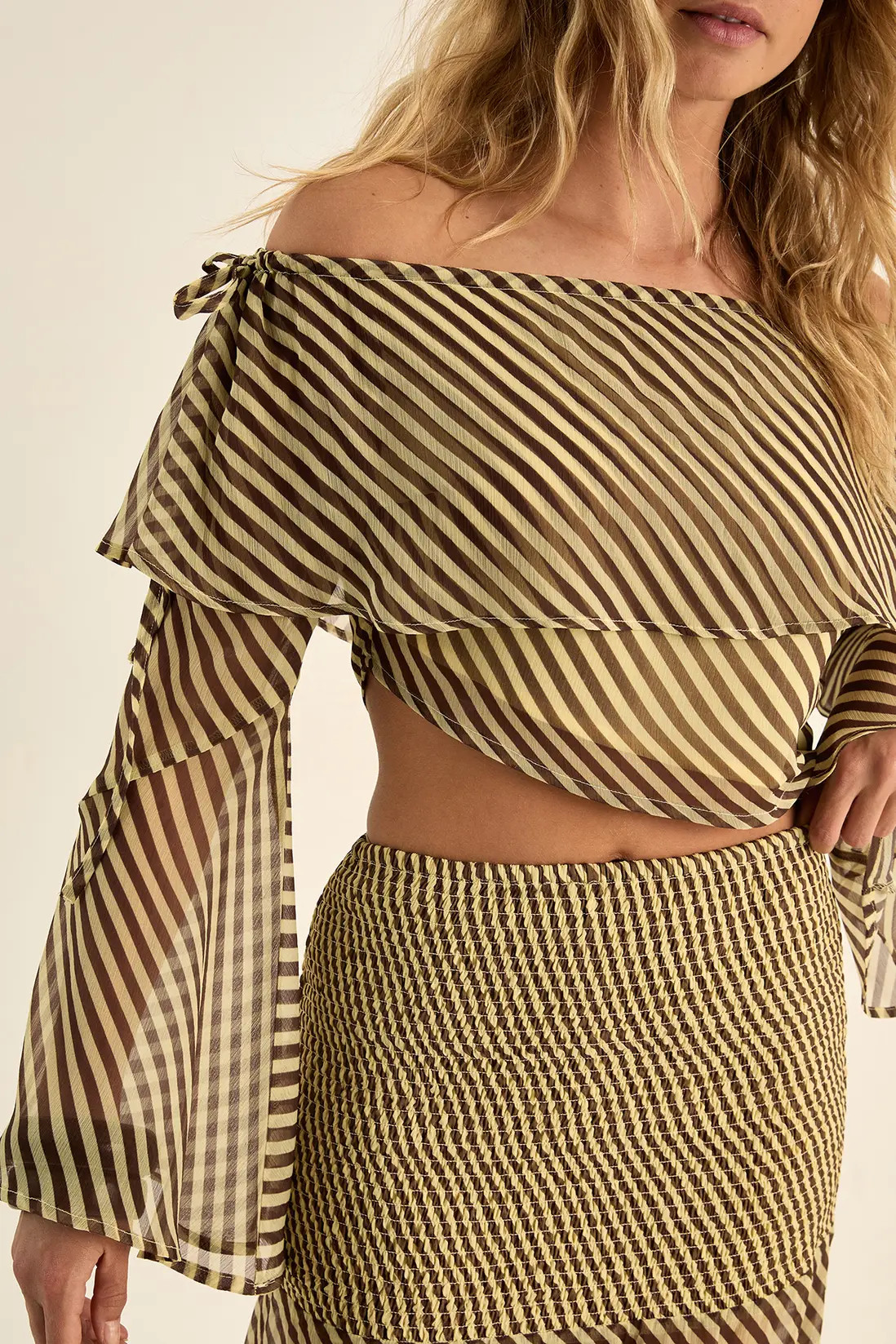 Lemon Chiffon Stripe Bardot Tie Detail Fluted Sleeve Top | Nasty Gal | NastyGal UK
