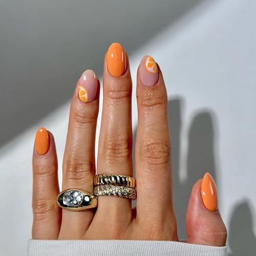 Orange Press On Nails Short Almond Fake Nails Press Ons With Orange Design False Nails Summer Acrylic Nails Glossy Glue On Nails For Women | Amazon (US)