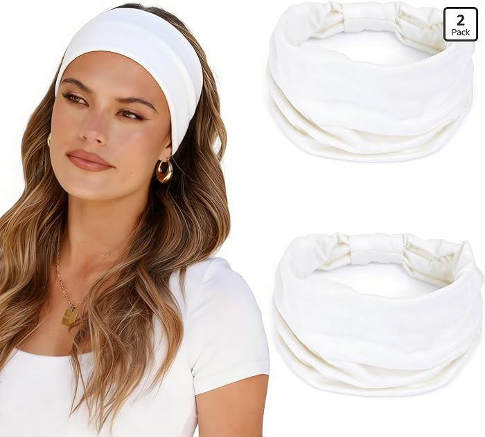 2 Pack White Wide Headbands for Women - Thick Stretchy Non Slip Fabric Sweat Bands, Soft Hair Ban... | Amazon (US)