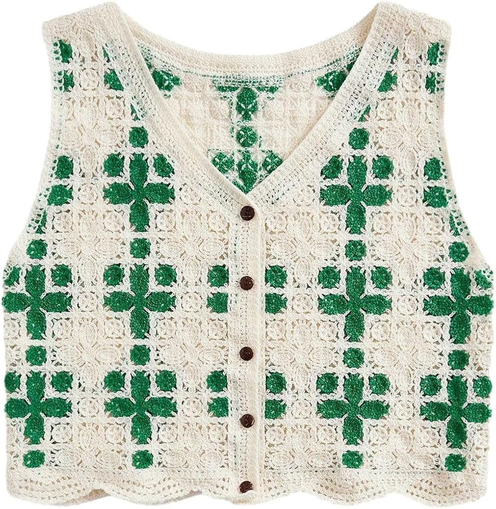 Floerns Women's Argyle V Neck Button Front Cardigan Sleeveless Knit Sweater Vest | Amazon (US)