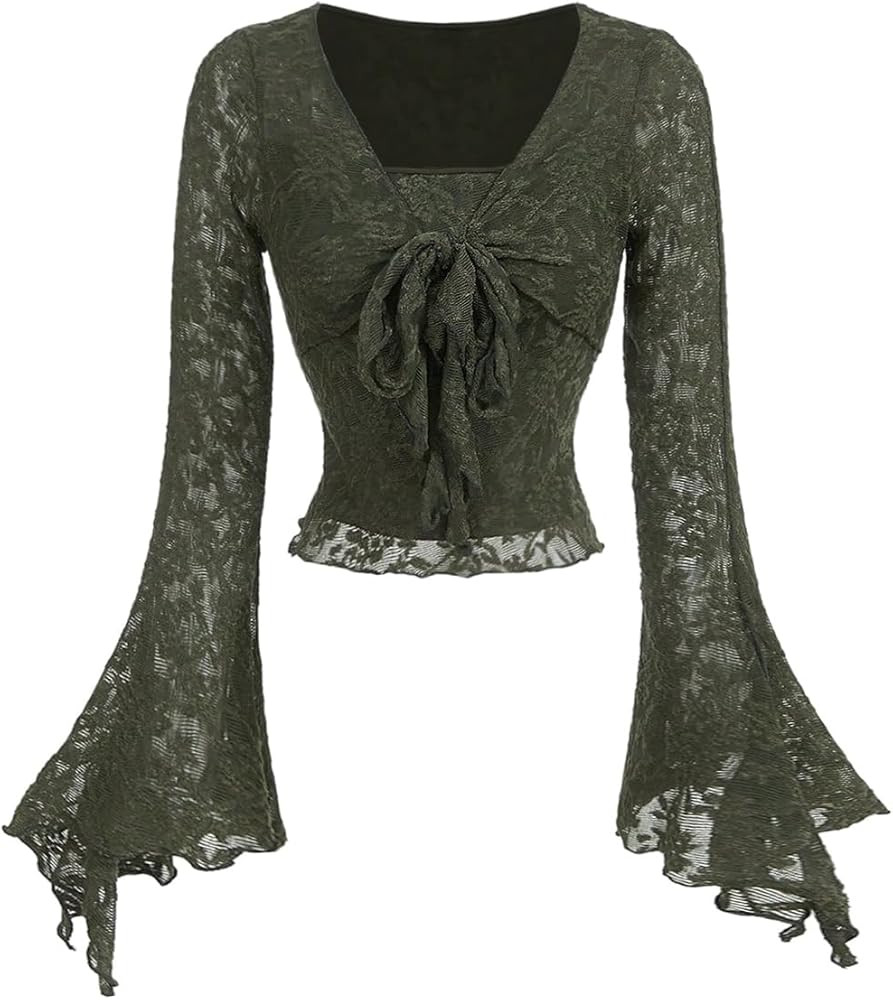 GORGLITTER Women's Mesh Bell Sleeve Tie Front Tops Dressy Casual Fall Long Sleeve Going Out Rave ... | Amazon (US)