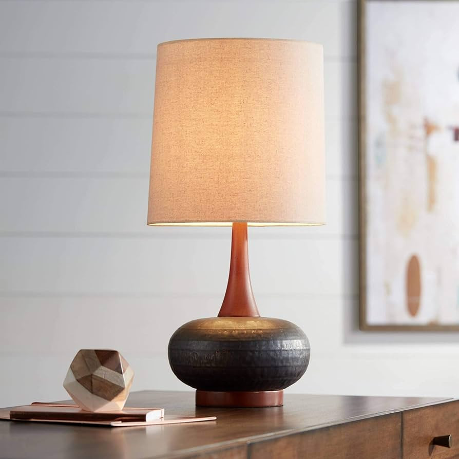 360 Lighting Andi Mid Century Modern Table Lamp 24.5" High Hammered Bronze Ceramic Wood Off White... | Amazon (US)