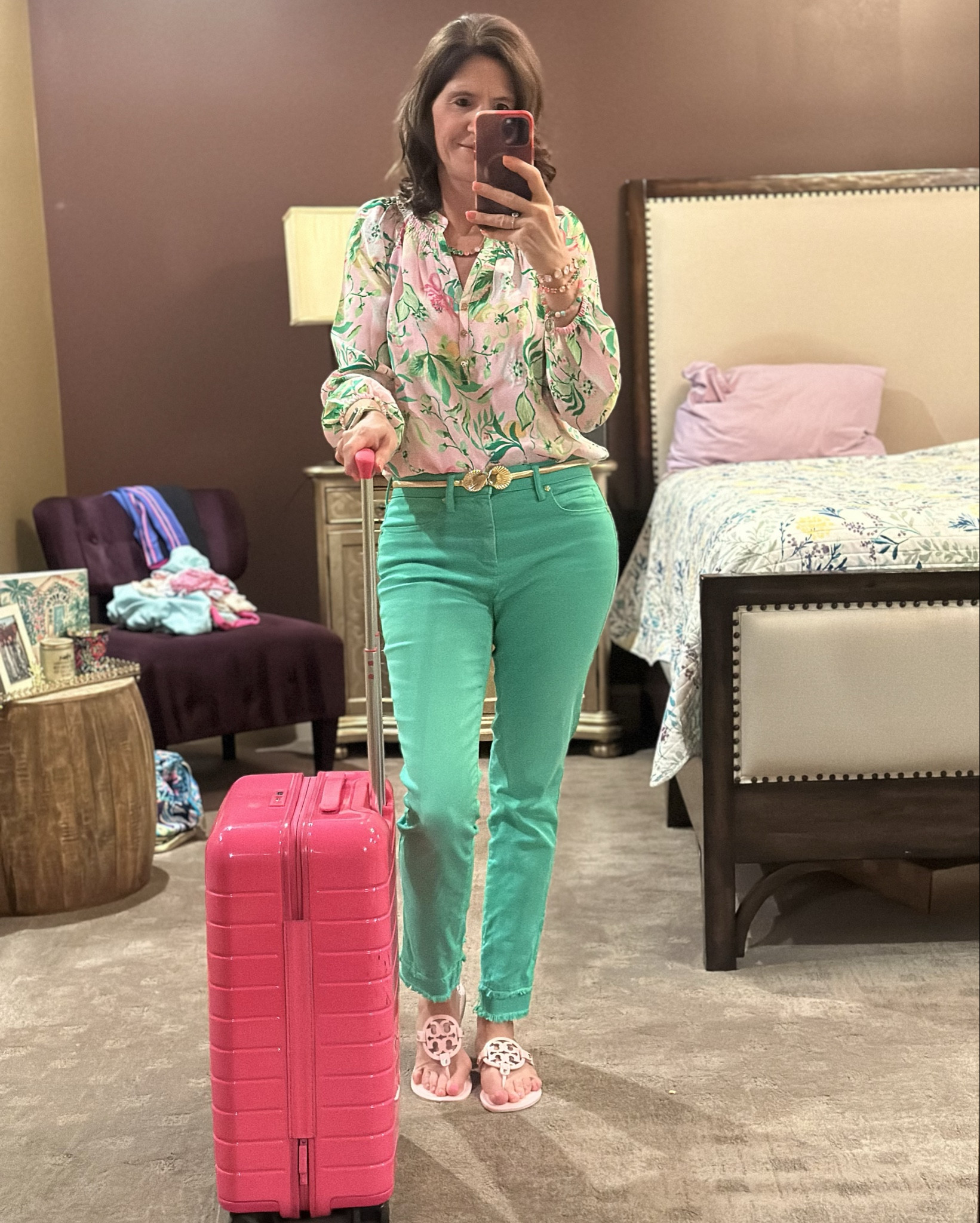 Travel Outfit 

Heading out for an early morning flight. Bought this beautiful blouse a couple of weeks ago and love the colors in it. I was able to track down a few sizes in the pants. Check out these super comfy sandals that come in tons of colors. Also linked my favorite carry-on luggage. I use this domestically and abroad - no checked bags. Comes in 14 colors. 

Wearing a size XS in blouse and size 6 in pants. 

#LTKBeauty
#LTKSeasonal
#LTKStyleTip
#LTKItBag

travel outfit, airplane outfit, blouse, Elsa, Lilly Pulitzer, suitcase, carry-on suitcase, Tory Burch, sandals. Pink sandals, floral blouse, green pants, 


#LTKOver40 #LTKShoeCrush #LTKTravel
