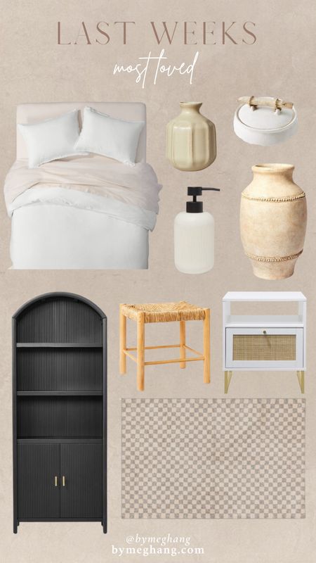 Last weeks most loved! Linen bedding, pretty vases and home decor, soap pump, affordable night stands, woven ottoman, black arched book shelf, $30 checkered washable rug 

#LTKFind #LTKhome