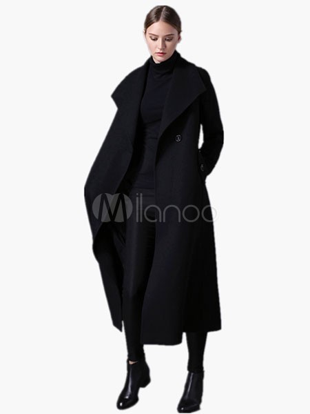Pure Color Maxi Black Coat For Woman | Milanoo