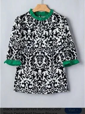 Black & cream  Print Top with Green Ruffle Trim | Poshmark