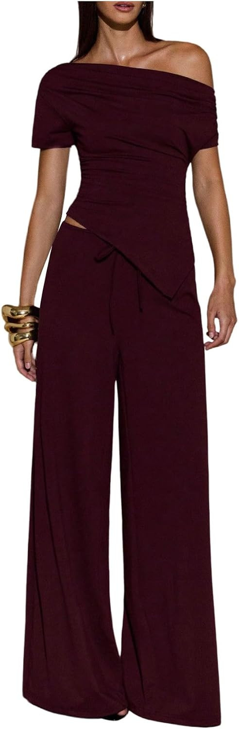 SweatyRocks Women's Off Shoulder 2 Piece Dressy Sets Wide Leg Pants | Amazon (US)