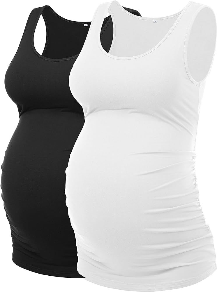 Peauty "Long Enough to Cover Hip Maternity Side Ruch Tank Tops/Basic Maternity Tops for Summer Ca... | Amazon (US)