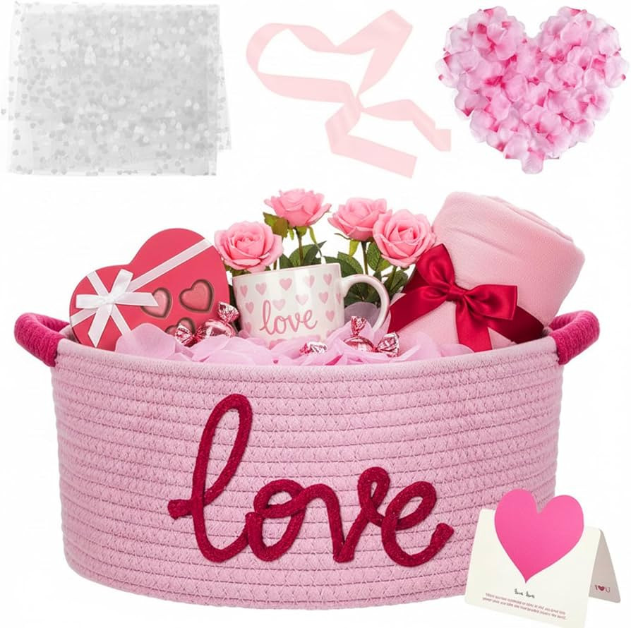 Colingmill Valentine's Day Woven Gift Basket with Bags Ribbon Gift Artificial Silk Rose Petals to... | Amazon (US)