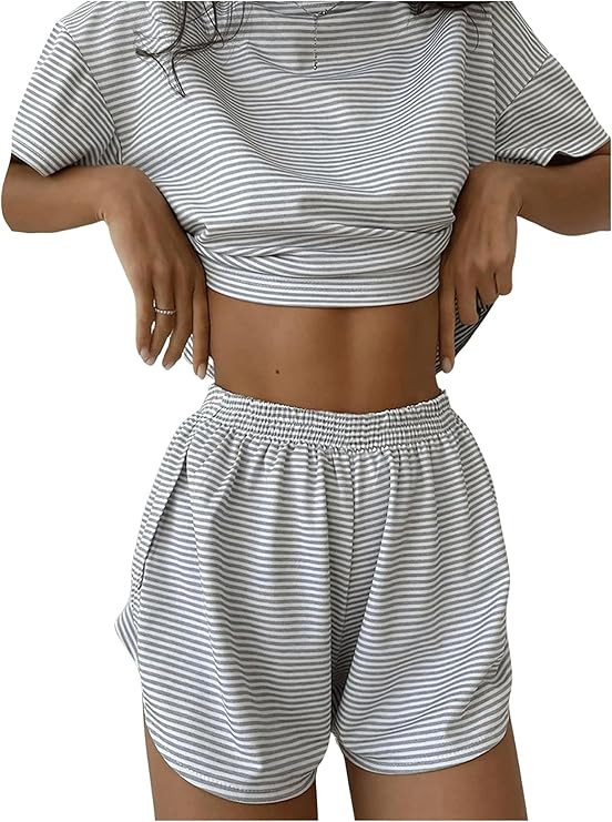 Split Short Pajama Set Women's 2 Piece Pajama Set Stripe Short Sleeve Crewneck Crop Lounge Shorts... | Amazon (US)
