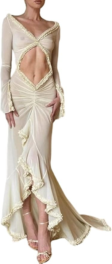 NUFIWI Women Sexy Mesh Sheer Gown Maxi Dress Frill Hem See Through Cutout Bodycon Long Dress Cove... | Amazon (US)