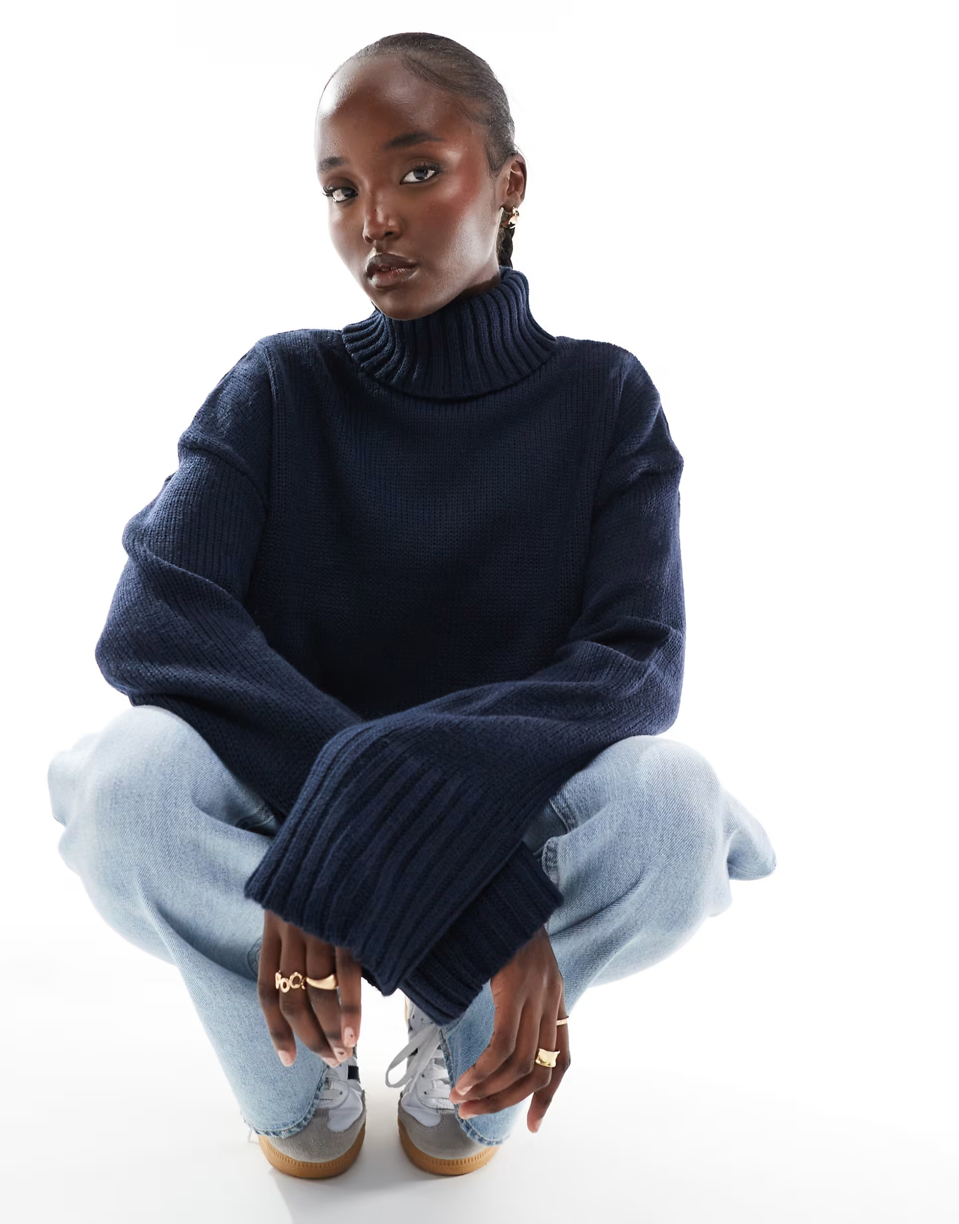ASOS DESIGN Tall cropped roll neck jumper in navy | ASOS (Global)